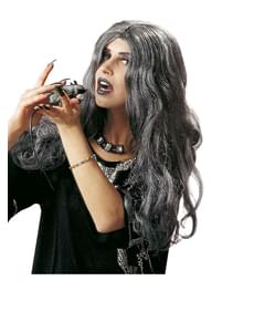 Perruque longue grise sorcière femme