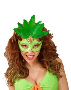 Green Venetian eye mask with sequins and feathers